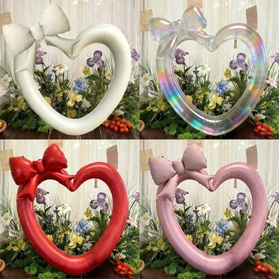 2个/套 特大号（粉色、红色、象牙色、透明珠光色）镂空心形铝箔气球，搭配哑光粉色蝴蝶结，适用于生日派对、订婚、情人节、婚礼装饰、母亲节装饰。