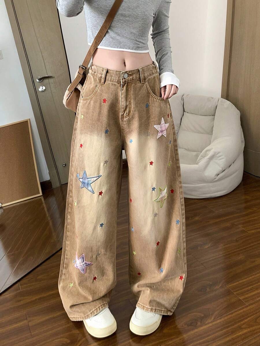 星形贴花宽松直筒牛仔裤，女士款，百搭显瘦 - 摩卡棕 - 查看 1