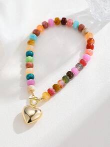 1件时尚亚克力串珠项链，男女皆宜的波西米亚风海滩度假心形吊坠粗项链，适合作为礼物、度假、婚礼服饰 - 金色 - 查看 7