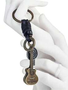1pc Retro Small Guitar Cowhide Key Chain For Men Braided Cowhide Keychain Backpack Pendant Car Accessories Bag Charm School Cute Goth Y2k Christmas Gift Ideas Bag Lanyards With Id Holder Car Accessories Bag Charms - 銅色 - 查看 4