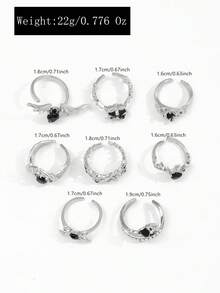 8pcs/Set Punk Style Faux Black Gemstone Bat, Spider, Heart Rose Flower Crystal Rings Set For Women - Silver - View 6