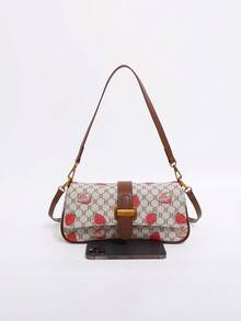 Classic Vintage Paris Bag With Distressed Pattern And Strawberry Print, Retro And Romantic. Comes With Long And Short Shoulder Straps, Can Be Worn Over The Shoulder Or Carried On The Arm. Suitable For Commuting, Dates, Shopping, Valentine's Day Gifts, And Other Occasions. - Multicolor - View 7