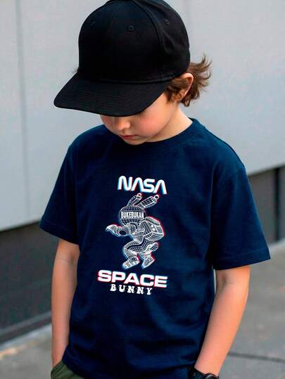 NASA Camiseta para niños de 4 a 12 años de 100% algodón, cuello redondo y manga corta, excelente calidad, cómoda y suave al tacto, con estampado Original con leyenda de "Space Bunny" Conejo Espacial Espacio Astronauta
