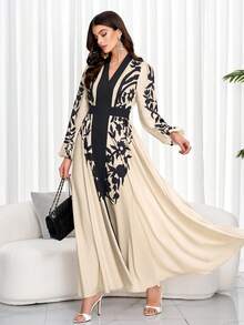 女士优雅碎花收腰连衣裙（随机印花） - 杏底黑花 - 查看 3