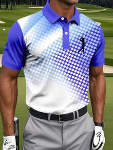 Men's Polka Dot Figure Print Short Sleeve Polo Shirt, Collared Button-Up, Suitable For Casual, Outdoor Activities, Golf, And Sports Summer - Blue - View 6