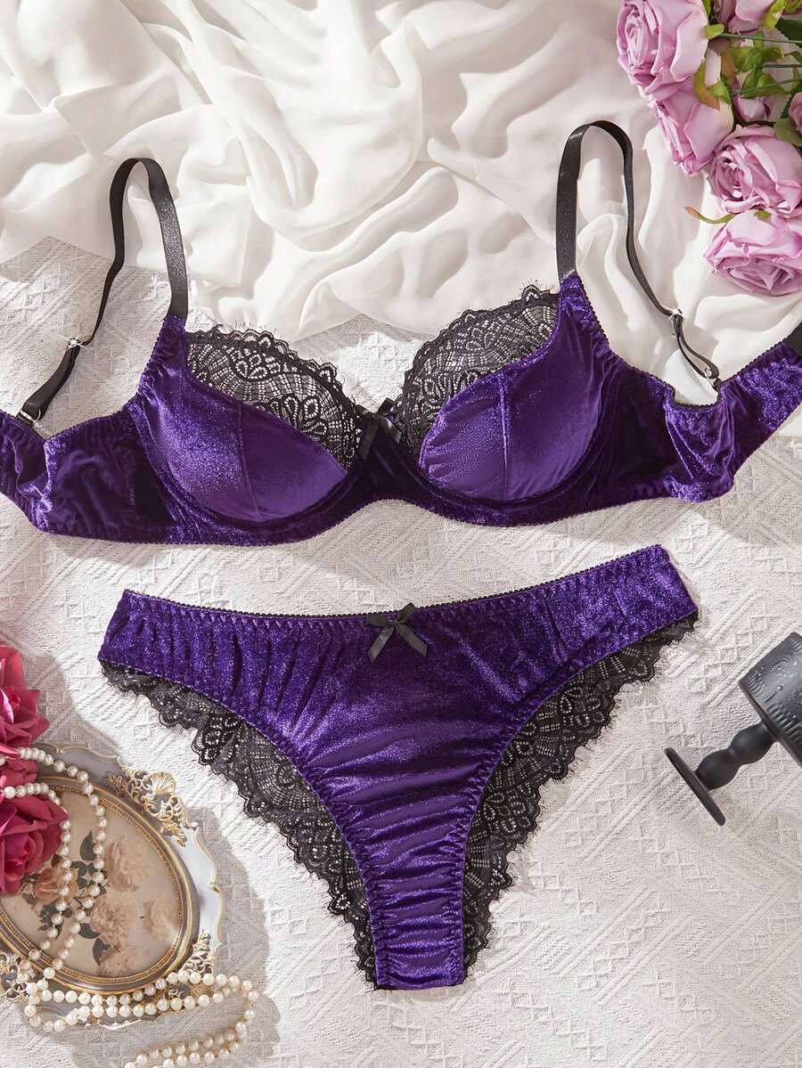 Temptuelle 1套女士豹纹蕾丝无钢圈前扣文胸 - 紫色 - 查看 1