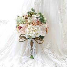 3件套象牙色新娘伴娘捧花，含胸花和襟花；10英寸白色香槟色人造玫瑰花束，适用于婚礼教堂装饰、仪式、周年纪念、情人节礼物 - 粉紅色A - 查看 4