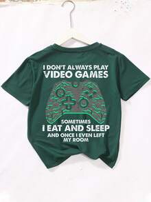 1 pieza Camiseta de manga corta con cuello redondo y estampado de controlador de juego y eslogan, ropa nueva de verano y primavera para niños preadolescentes - Verde Oscuro - Ver 2