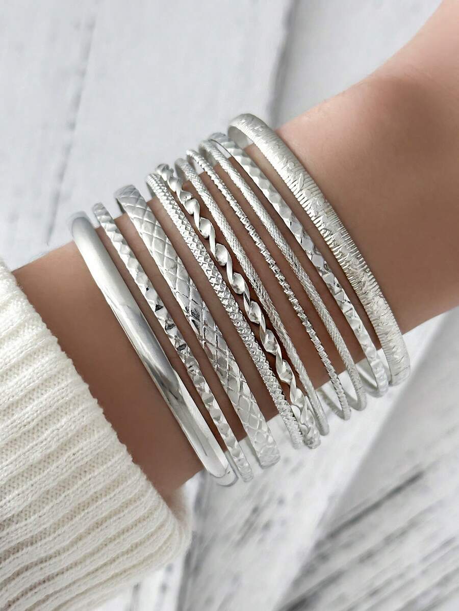 10pcs Bohemian Style Wavy Pattern Smooth Surface Textured Bracelet Set, Multi-Element Stacking Bangle Bracelets For Women (Suitable For Gifts, Parties, Evenings, Daily Wear) - Silver - View 1