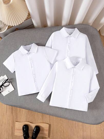 3件套男童经典休闲学院风白色短袖T恤+长袖衬衫，适合学校聚会、演出、正式活动、戒指童等场合。