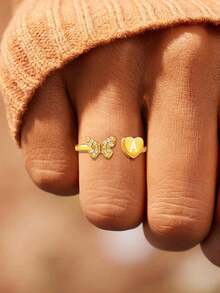 GAGAFEEL 1pc S925 Sterling Silver Cubic Zirconia Butterfly Heart Shaped Open Ring, Forever With You, Women's Birthday Party Gift - Gold - View 2