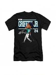 Ken Griffey Jr Signature Cotton-Shirt - Black Unisex Classic Shirt With Signature & Number 24 Design, Breathable Regular Fit, All-Season Casual Wear Men & Women, Sports Fan Apparel, Classic Round Neck, Comfortable FabricFashionable Items Suitable Both Men And Women, Gifts - 黑色 - 查看 1