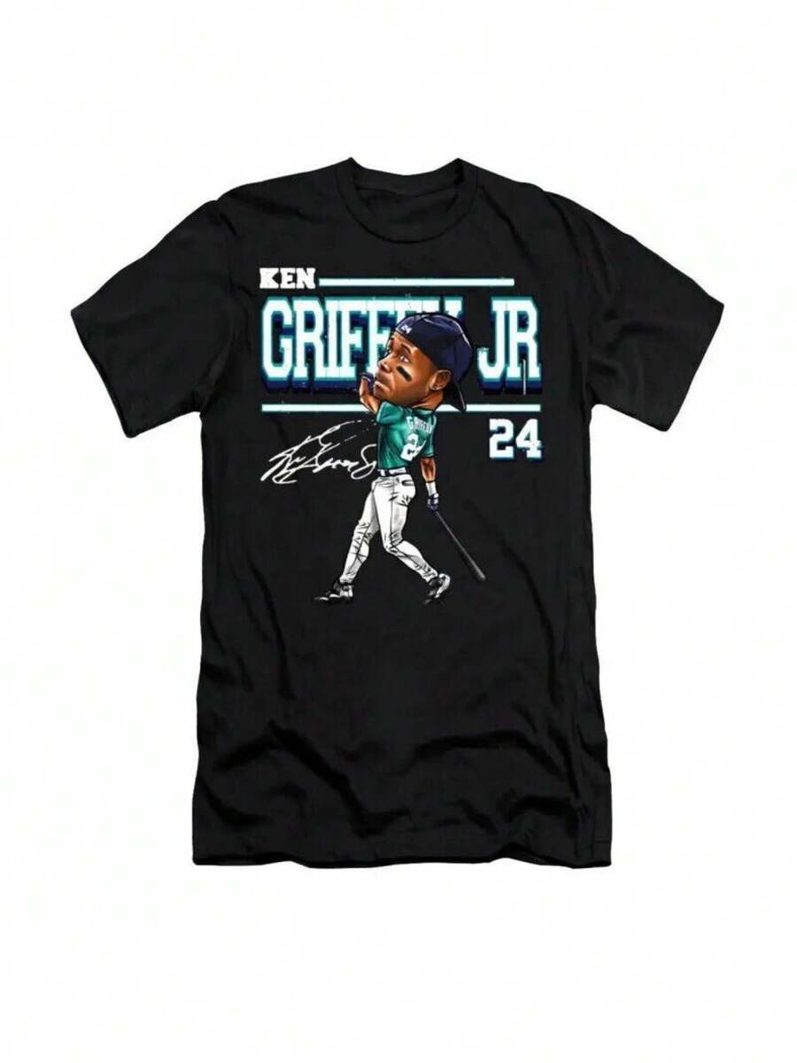 Ken Griffey Jr Signature Cotton-Shirt - Black Unisex Classic Shirt With Signature & Number 24 Design, Breathable Regular Fit, All-Season Casual Wear Men & Women, Sports Fan Apparel, Classic Round Neck, Comfortable FabricFashionable Items Suitable Both Men And Women, Gifts - 黑色 - 查看 1