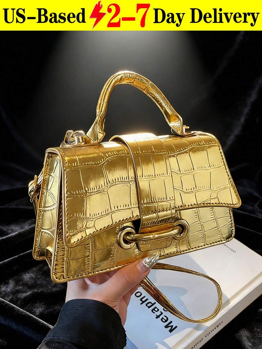 Gold Crocodile-Texture Top Handle Bag | Elegant Structured Shoulder Bag With Detachable Strap & Front Flap Closure | Chic Metallic Evening Purse For Women, Parties, Weddings, Date Nights | Premium Look Designer Style Handbag Shine In Style With This Stunning Gold Crocodile-Texture Handbag ! Featuring A Sleek Structured Silhouette And A Sophisticated Metallic Finish, This Versatile Bag Includes Both A Chic Top Handle And A Detachable Adjustable Shoulder Strap For Multiple Carrying Options. The Elegant Front Flap With A Secure Clasp Closure Adds A Touch Of Luxury, Making It Perfect For Special Occasions Like Weddings, Parties, Date Nights, Or Evening Events. Crafted With Attention To Detail And A Premium Look, This Bag Pairs Effortlessly With Dresses, Suits, Or Casual-Chic Outfits. - Nhiều màu - Xem 1