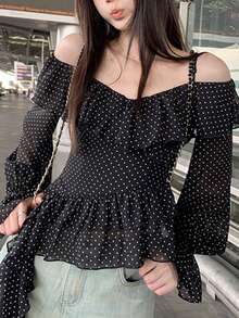 Summer Polka Dot Asymmetrical Open Shoulder Blouse For Women, French Retro Ruffle Off Shoulder Long Sleeve Shirt - Black - View 1