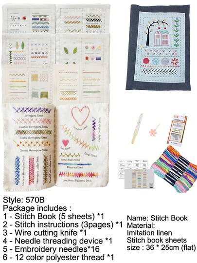 LAMYA Bộ sách hướng dẫn thêu cơ bản dành cho người mới bắt đầu, các mũi thêu tay cơ bản, hướng dẫn tự làm từng bước chi tiết, phù hợp cho người lớn.