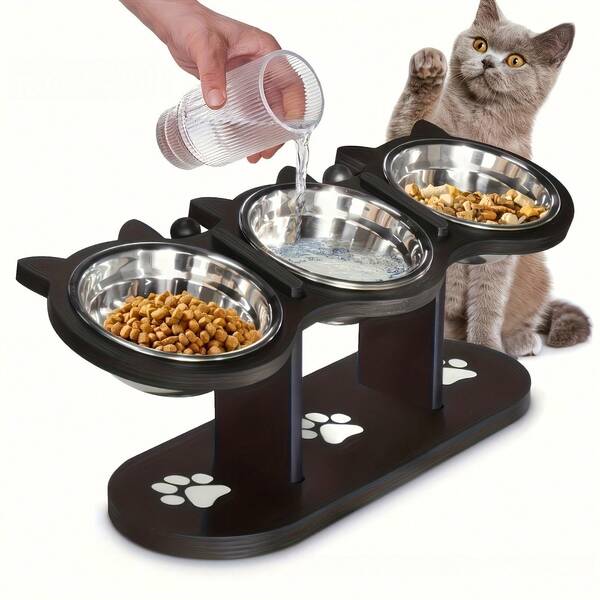 Adjustable Cat Food Bowl With A 15-Degree Tilt Angle, Suitable For Cats, Puppies, And Small Pets; Adjustable Dog Food And Water Bowl With 3 Stainless Steel Stands. An Essential Pet Item, Easy To Assemble And Carry, Easy To Clean, And Detachable For Washing. Ideal For Multi-Cat Households.