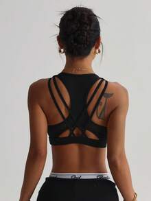 Soutien-gorge de sport en tricot à col rond amovible et rembourré, avec patchwork en maille et dos croisé, couleur unie pour femmes - Noir - Voir 2