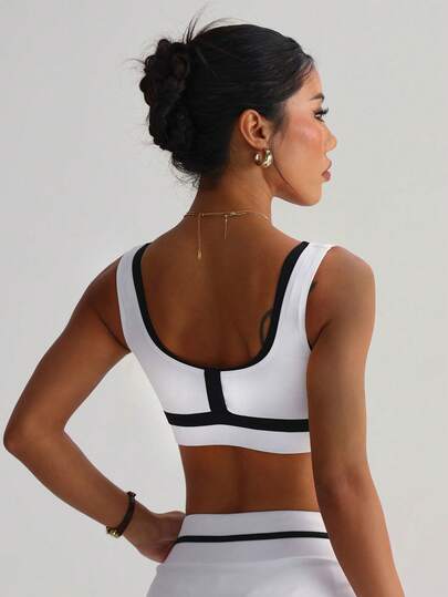 女士纯色黑白拼接可拆卸衬垫工字背运动针织文胸