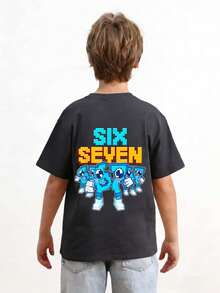 Young Boy Casual Graphic Print Crew Neck Short Sleeve T-Shirt, Summer Top - Dark Grey - View 2
