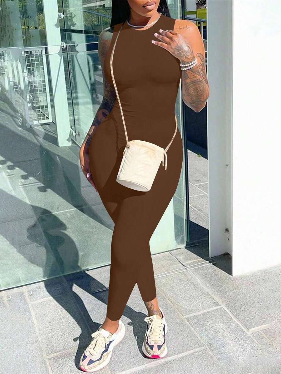 EARO 女士高腰无袖弹力修身长款休闲运动连体裤，春夏优雅款 - 鏽棕色 - 查看 1