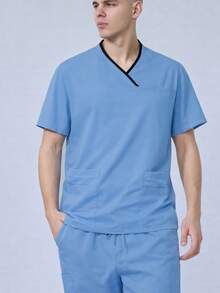 Men's Summer Contrast Trim Short Sleeve Top And Pants Set, Nurse/Doctor/Veterinary/Caregiver Uniform - Baby Blue - View 5