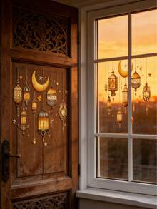 1张可移除的开斋节挂饰墙贴，伊斯兰斋月装饰，斋月快乐灯笼月亮星星窗户装饰，适用于家庭客厅卧室厨房背景墙纸 - 彩色 - 查看 1