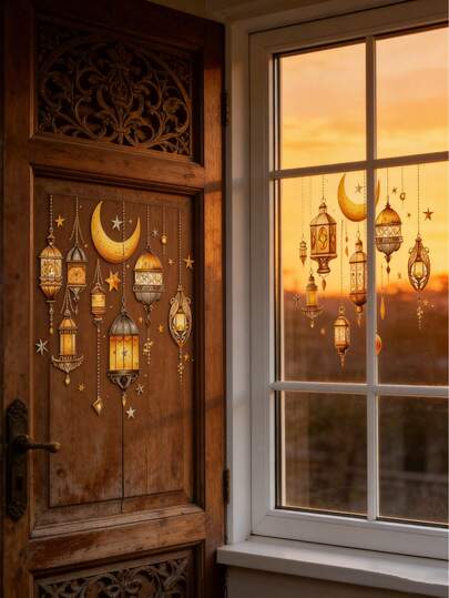 1张可移除的开斋节挂饰墙贴，伊斯兰斋月装饰，斋月快乐灯笼月亮星星窗户装饰，适用于家庭客厅卧室厨房背景墙纸