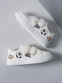 Children's Fashion Badminton And Soccer Embroidered Hook And Loop Glossy Leather Casual Sneakers - White - View 6