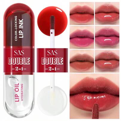 SAS Doble Brillo de Labios 2-en-1 y Aceite Hidratante para Labios - Tinta de Labios que Fija el Color para un Color de Larga Duración, Aceite de Labios Hidratante para Labios Secos