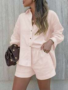 Women's Casual Distinctive Minimalist Bright Yellow Cardigan And Shorts 2 Pieces Set, Autumn/Winter - Baby Pink - View 1