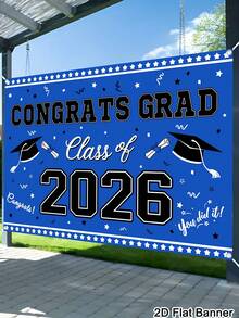 1pc Graduation Banner Background, Class Of 2026 Congrats Grad Pattern Backdrop, Blue White Background Cloth, Indoor Outdoor Wall Decor, Graduation Decorations 2026 High School College Party Supplies, Room Home Decor - Blue and White - View 9