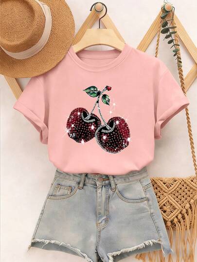 Cherry Print Round Neck Short Sleeve T-Shirt, Casual Children T-Shirt For Spring & Summer
