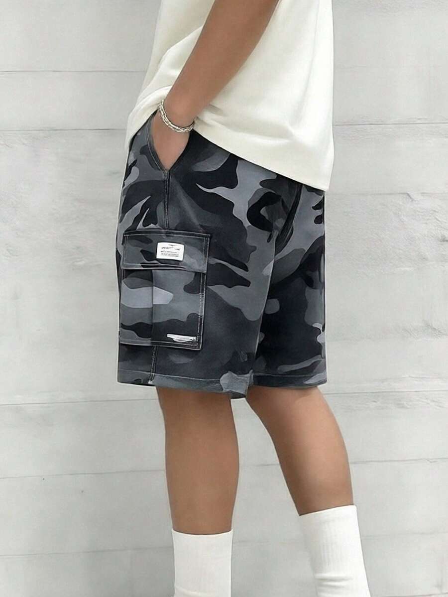 男士户外休闲工装裤，时尚迷彩轻便长裤，适合旅行、户外徒步、情侣穿着，百慕大短裤 - 灰色 - 查看 1