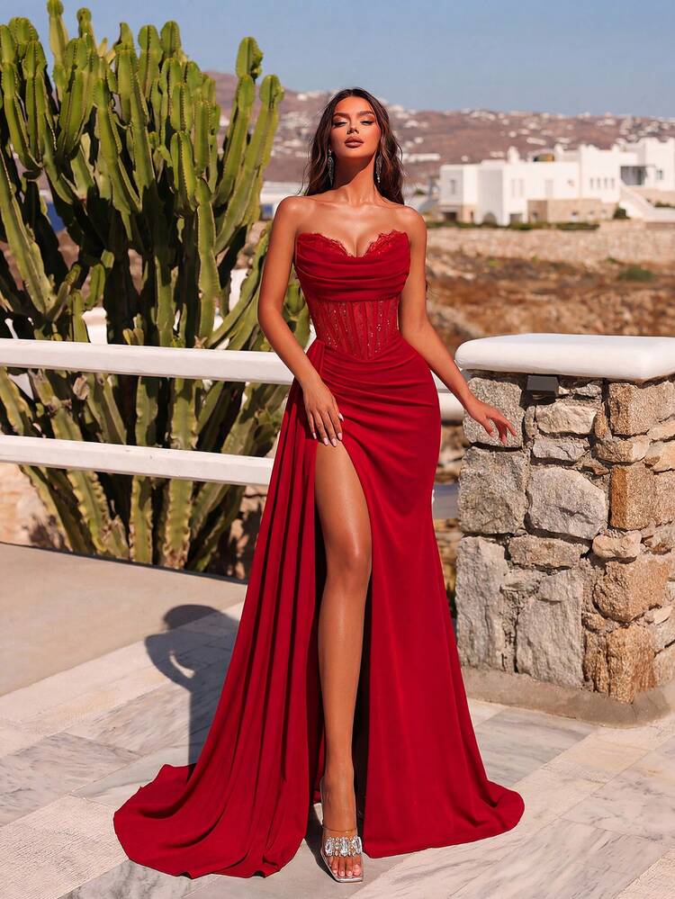 ADYCE Elegant Tube Top Lace Splicing Fishbone High Waist Tie-Back High-Slit Floor-Length Evening Gown Prom Formal Dinner Homecoming Party Dress Wedding
