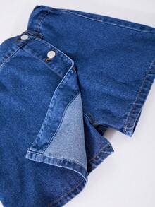 女童不对称纽扣牛仔迷你裙，适合夏季Y2K风格 - 藍色 - 查看 6