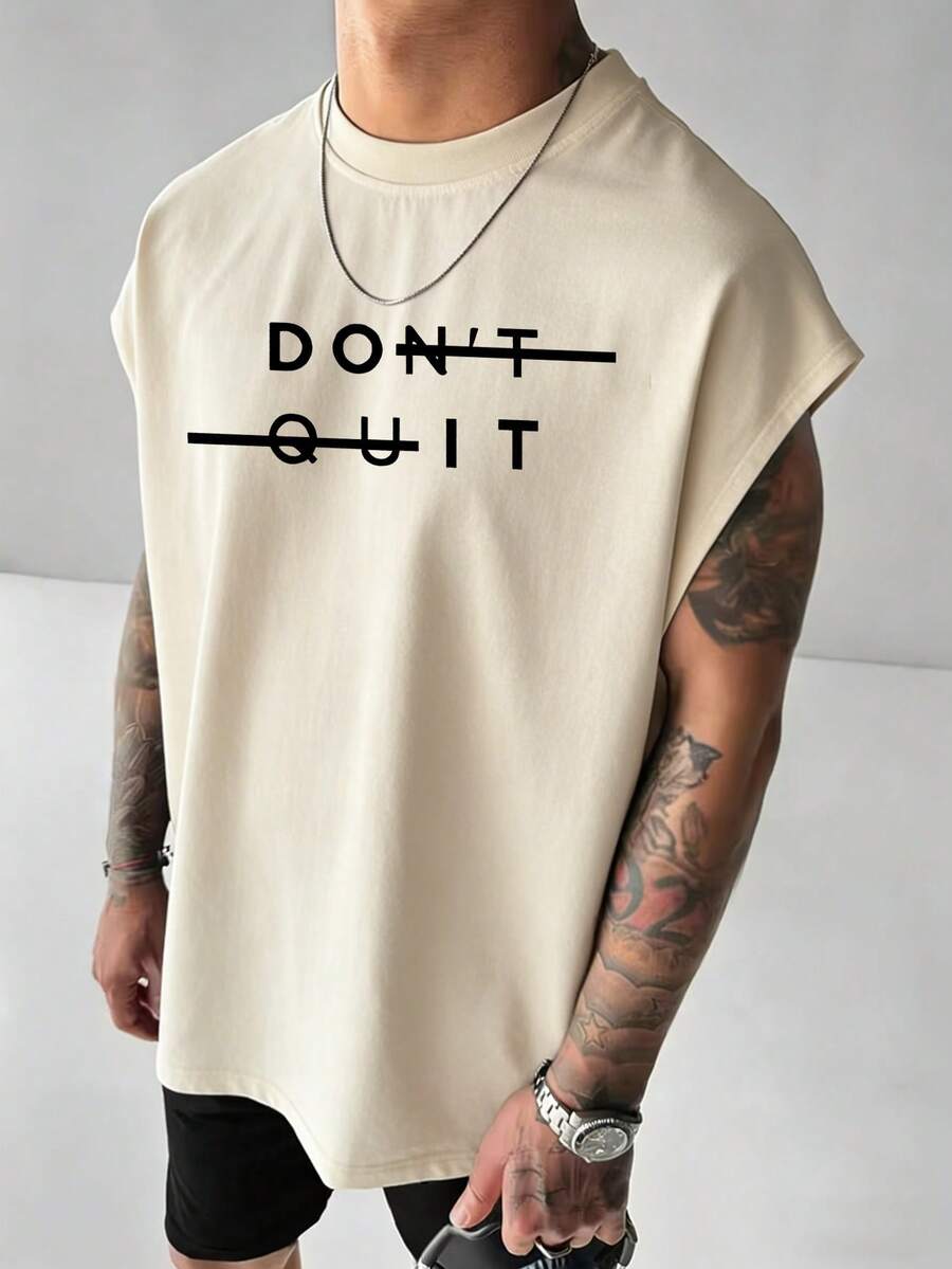 Zrgoth 男士休闲百搭英文标语印花背心，夏季 - 杏色 - 查看 1