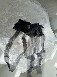 1 Pair Women's Lace Trim Delicate Bowknot Long Ribbon Sleeve Cuffs, Suitable For Daily Wear, Dates And Outings - Black - View 2