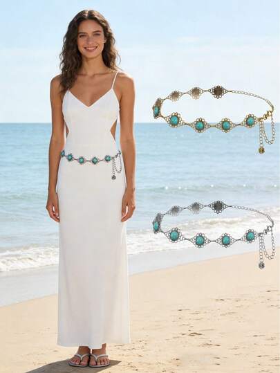 1条波西米亚风绿松石双层腰链，镂空花朵吊坠饰以绿松石，可调节复古配饰，适合度假、波西米亚风穿搭、街头风，百搭装饰