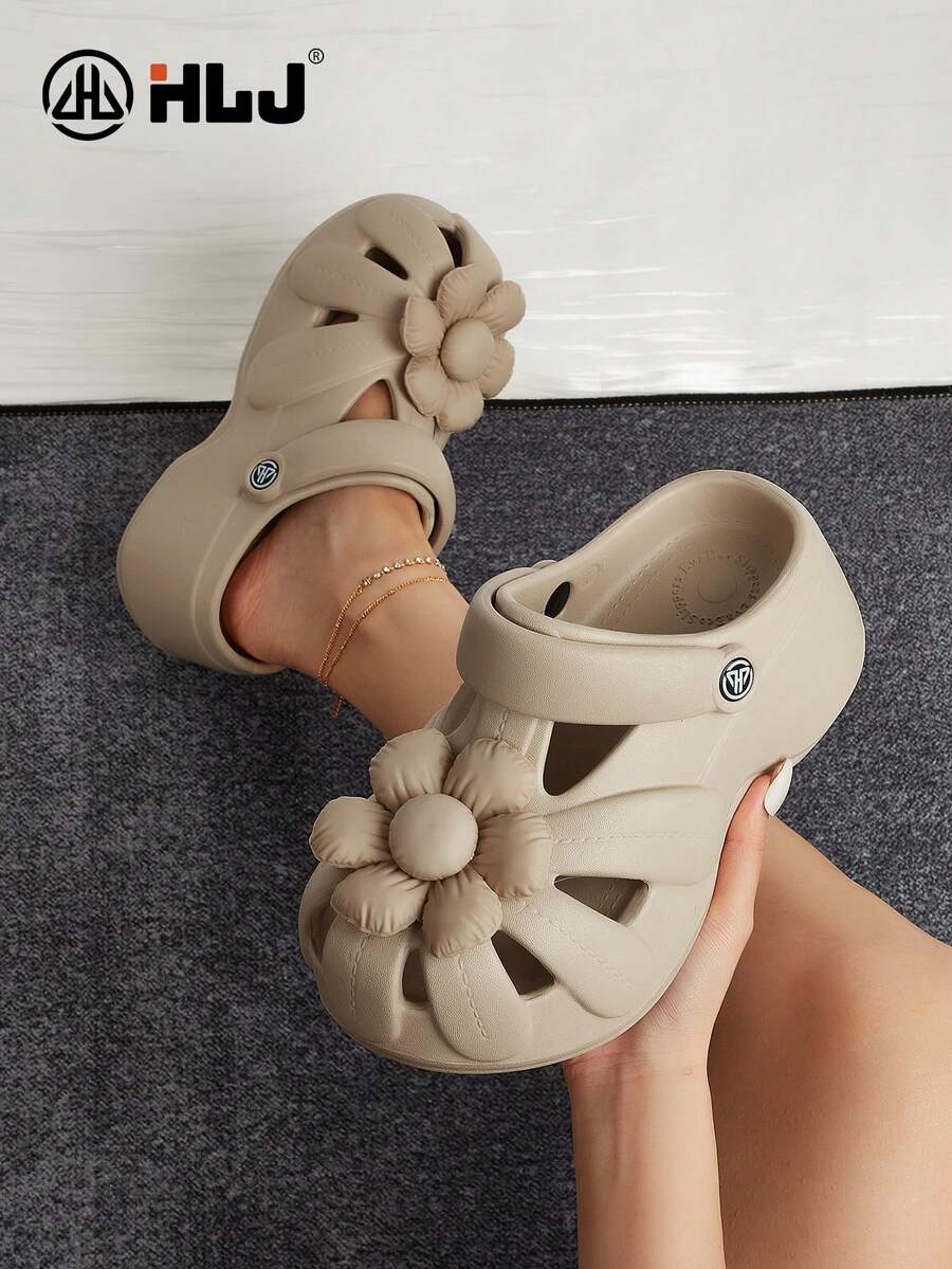 Nuevas sandalias de verano para mujer de moda casual al aire libre con cuña, decoración de flor hueca, transpirables y de slip-on, suela gruesa de tacón alto de unicolor - Caqui - Ver 1