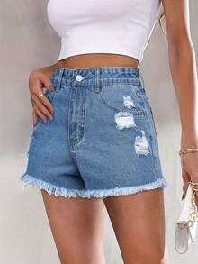 女士休闲性感优雅时尚通勤口袋磨边运动年轻街头破洞学院风牛仔短裤夏季 - 藍色 - 查看 7
