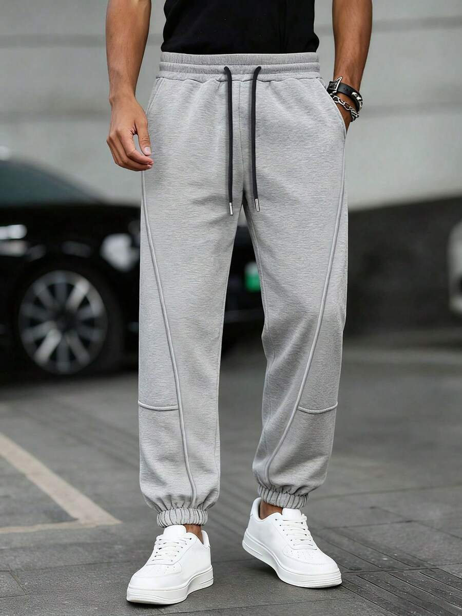 男士秋冬休闲运动裤，户外徒步训练跑步日常运动宽松时尚七分裤，健身锻炼慢跑裤，舒适街头风宽松运动慢跑裤 - 灰色 - 查看 1