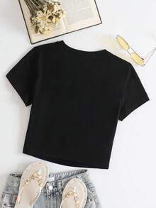 Women's All-Match Black Crop Top, Minimalist Versatile Y2K Streetwear, Fitted Waist Sexy Casual Beach Daily Wear - Black - View 7