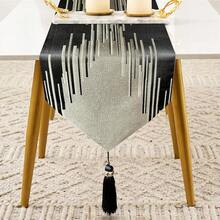 Black Table Runner 120 Inches Long Handmade Embroidery Modern Abstract Striped Pattern With Ring Stylish Tassels For Home Living Room Bedroom Dinner Room Kitchen Art Decor Than1ks 1giving - Hitam - View 3