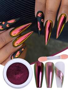 1盒变色龙美甲粉 全息釉面指甲粉 净重0.3克 全息金属粉末 细腻抛光指甲颜料 DIY美甲用品 - 玫紅色 - 查看 1