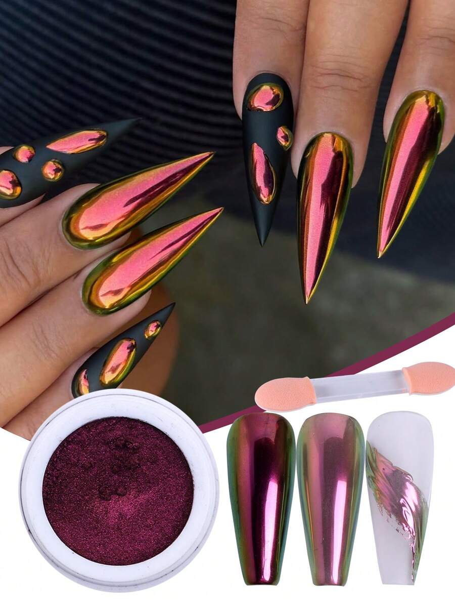 1盒变色龙美甲粉 全息釉面指甲粉 净重0.3克 全息金属粉末 细腻抛光指甲颜料 DIY美甲用品 - 玫紅色 - 查看 1