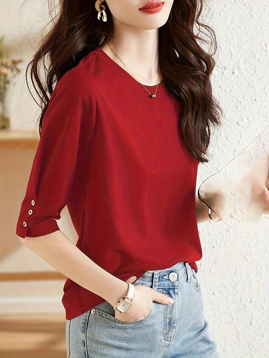 纽扣设计休闲中袖上衣，新款夏季时尚百搭圆领半袖T恤，女士修身款 - 紅色 - 查看 1