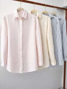 Linen Button-Down Shirt, Beach Cover-Up, Long Sleeves, Striped, Polyester, Button-Down, Vacation, Diary, Travel, Summer. - 白色和海軍藍 - 查看 3