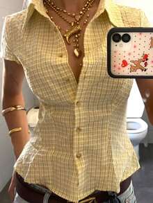Women Short Sleeve Plaid Button Up Shirt Y2K Button Down Collared Blouse Summer Vintage Slim Fit Gingham Top - Yellow - View 6