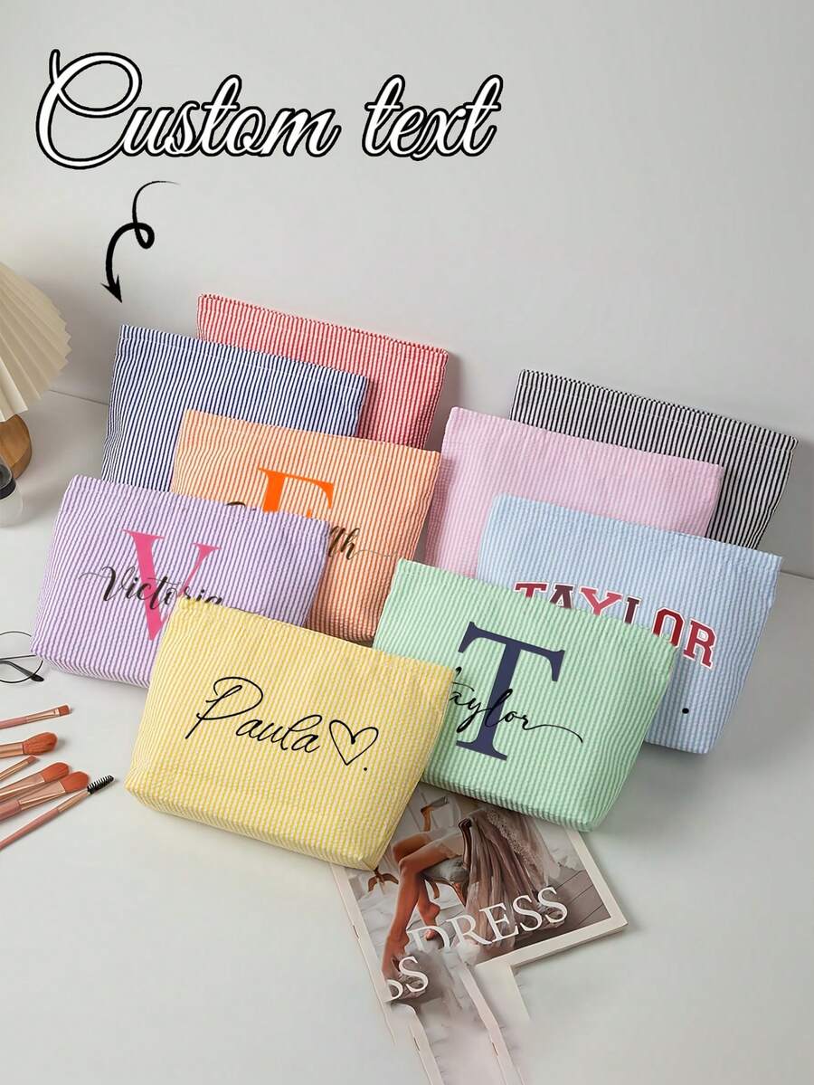 Customized Vertical Striped Makeup Bag, Can Add Personalized Text Design, Lightweight Foldable Cosmetic Storage Pouch, Can Add Name, Toiletry Bag, Multifunctional Makeup Bag Suitable For Travel And Daily Use, Ideal For Commuting, School, Party, Wedding, Great Gift Idea - Multicolor - View 1